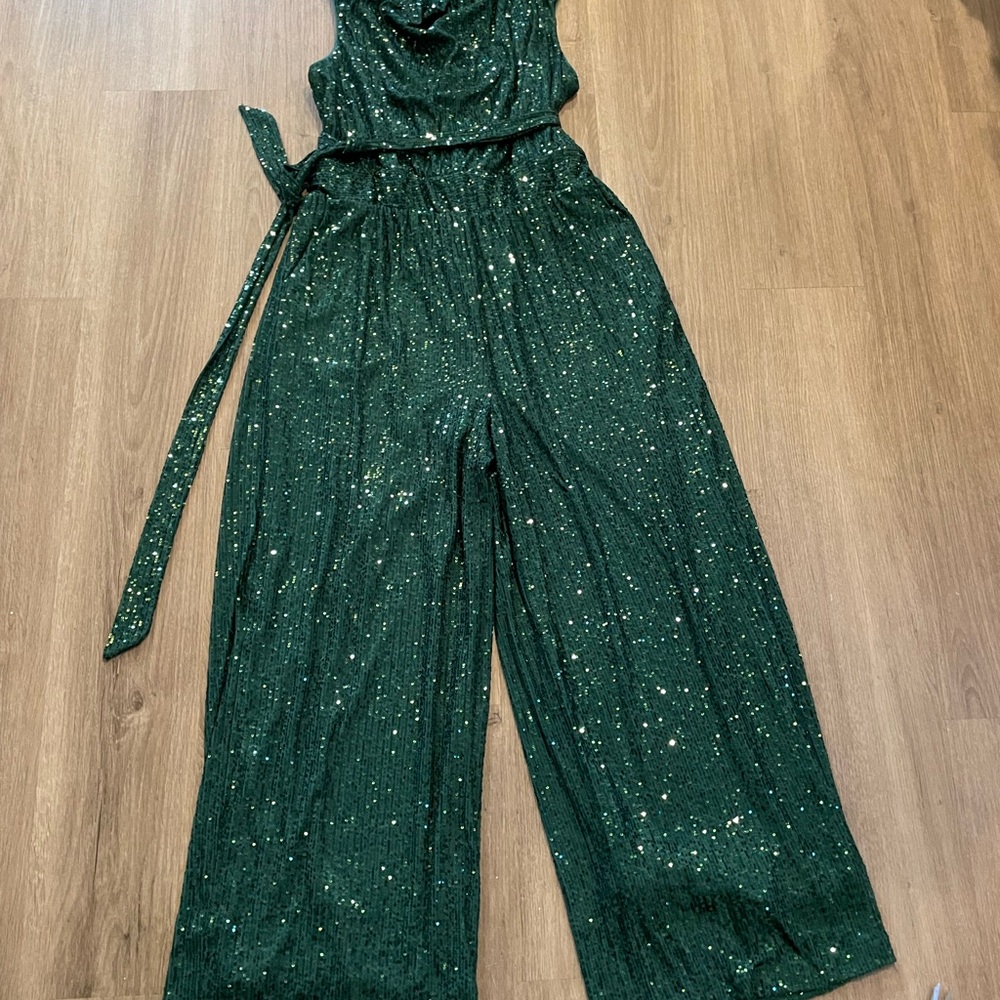 Green sequined cowl neck wide leg romper